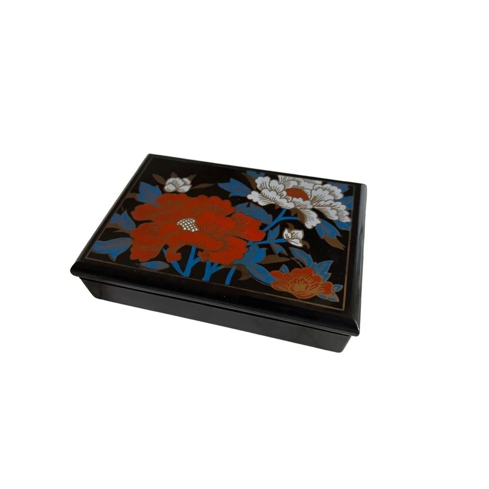 Vintage 80s Black Plastic Asian Floral Mirrored Tissue Trinket Box